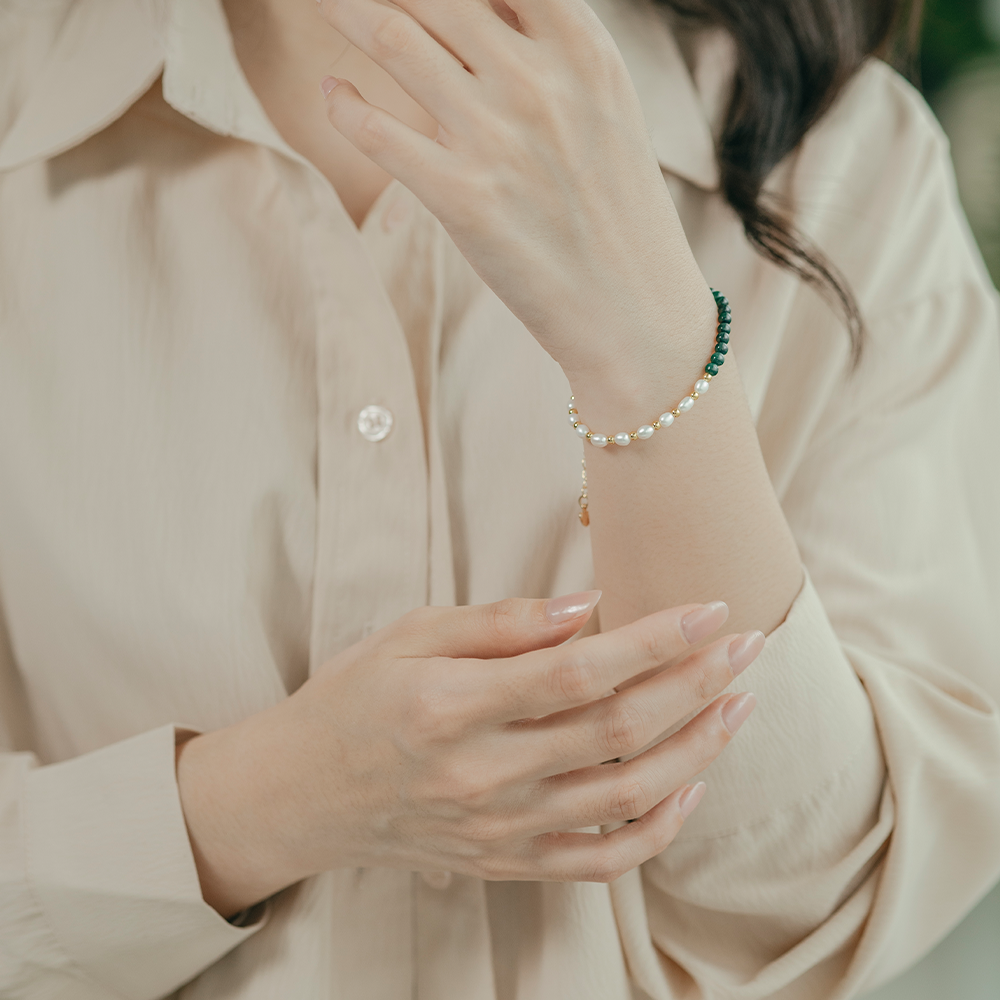 Peacock Pearl Fusion|孔雀石。珍珠手鍊