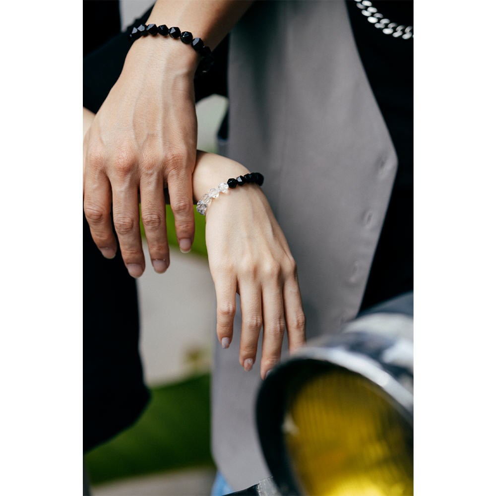 HALF|黑曜石X白水晶切角手鍊(男女款)