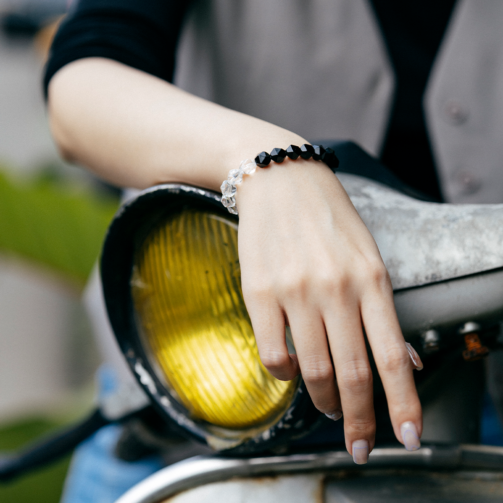 HALF|黑曜石X白水晶切角手鍊(男女款)