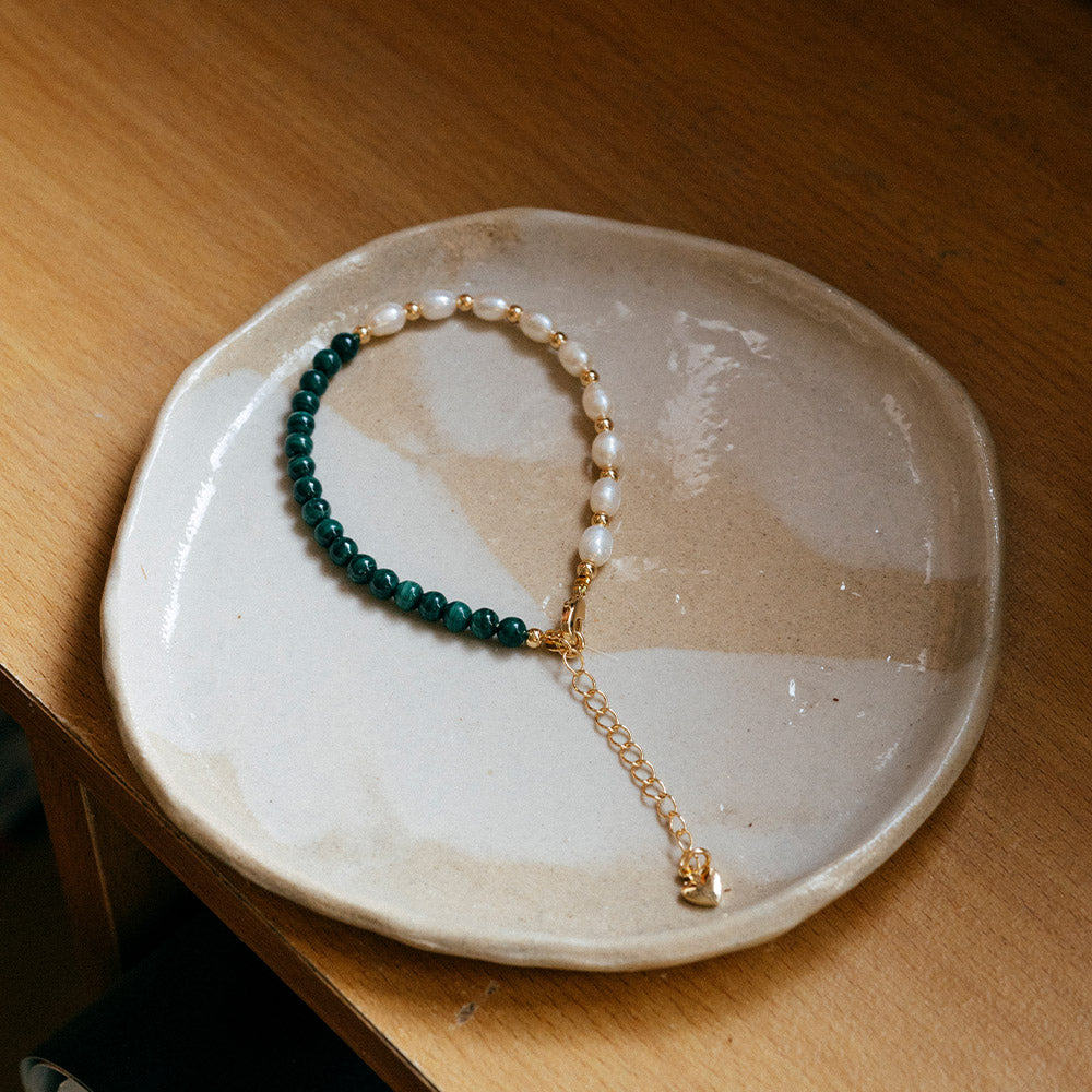 Peacock Pearl Fusion｜孔雀石。珍珠手鍊